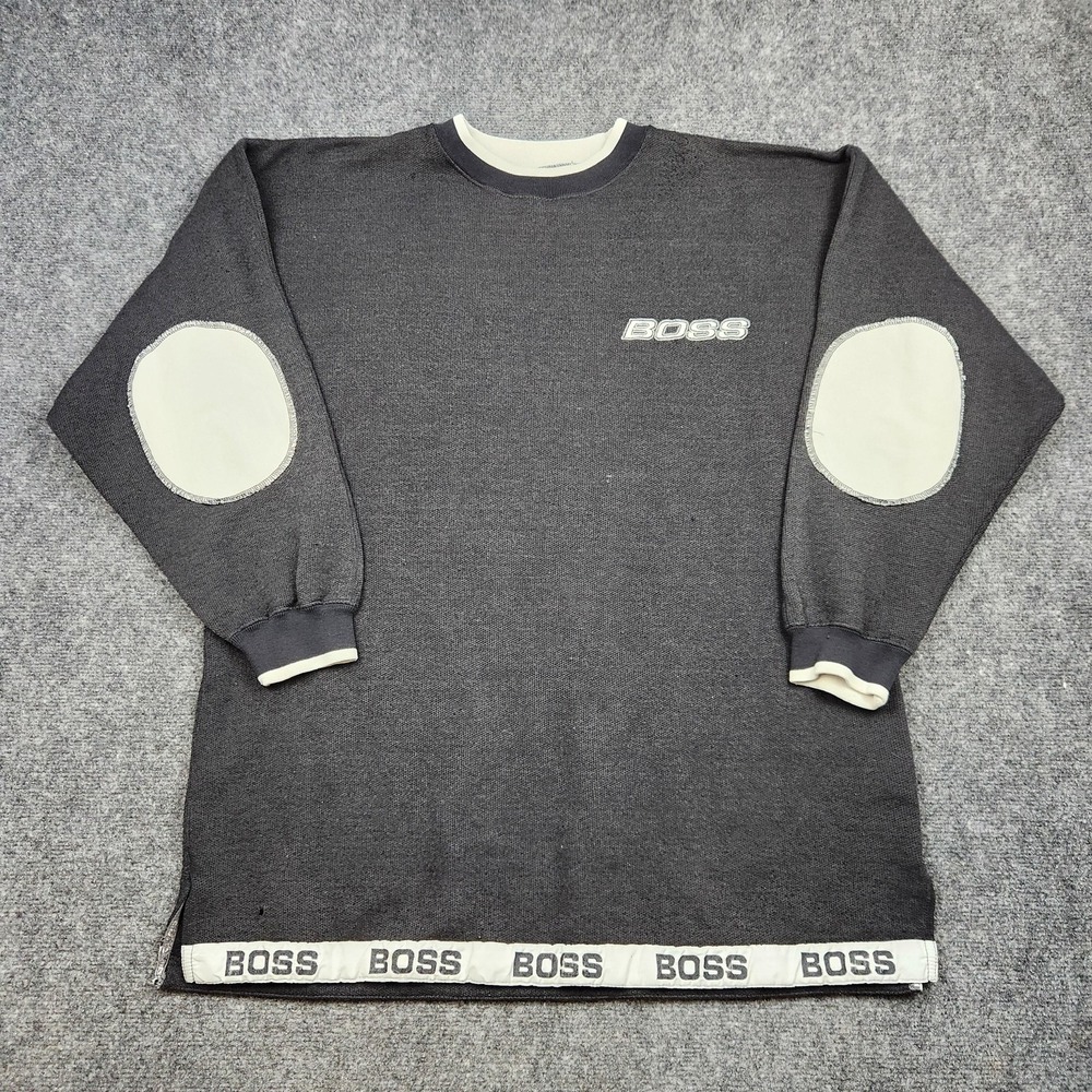 Vintage‎ Boss Sweatshirt Mens XL Black Crewneck Pullover Logo Elbow Patches 90s
